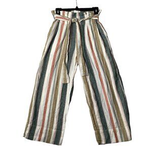 Madewell Crop Linen Cotton Blend Casual Pants Women Sz XS Stripes Tie Front